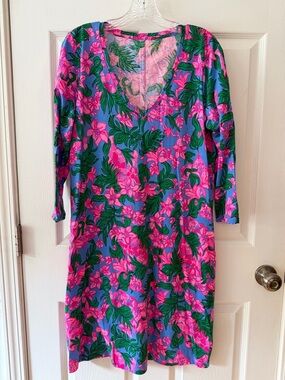 Lilly Pulitzer Blue V-Neck Long Sleeve Dress with Pink Floral Print